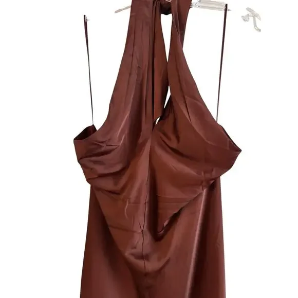 Express Satin Brown Halter Slip Dress Size Medium NWOT Midi Fully Lined - Picture 2 of 6